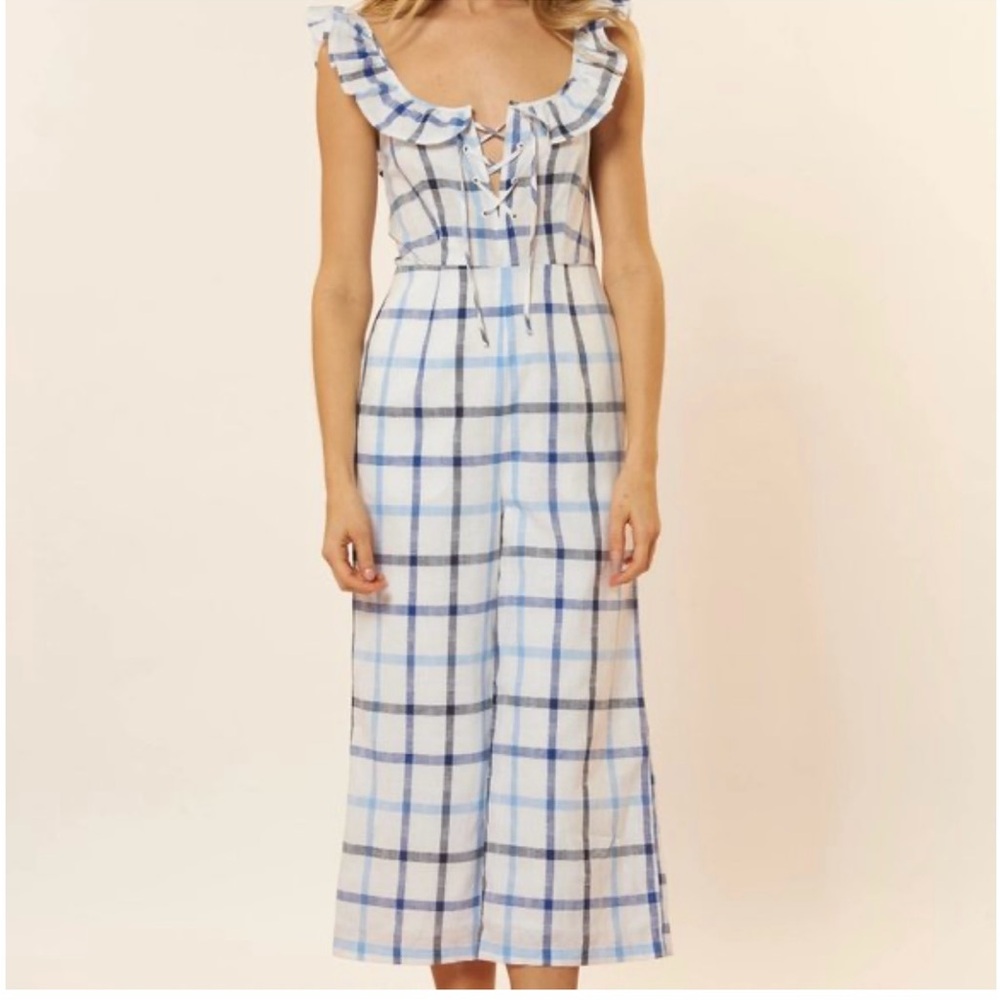 Red Carter Lola Plaid Linen Cotton Blend Jumpsuit Blue and White Size L